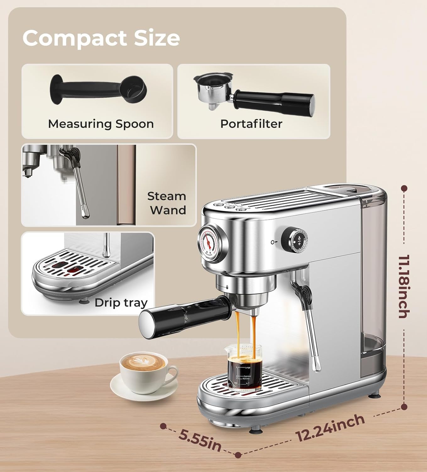 Espresso Machine with Milk Frother, 20 Bar Pressure Espresso Maker, with 44OZ Removable Tank, Compact Stainless Steel Coffee Machine for Home, Office, Latte, Cappuccino, Macchiato, Silver
