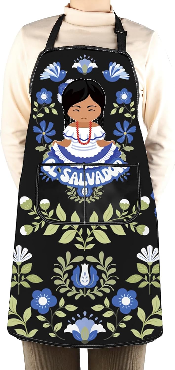 WCGXKO El Salvador Inspired Kitchen Apron Salvadoran Floral Artwork Gift El Salvador Flower Merch