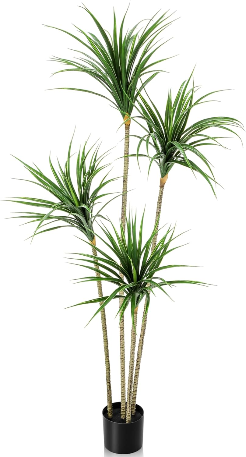 Jexine 5 ft Artificial Dracaena Marginata, Tall Artificial Dracaena Plant Tree, Tropical Faux Fake Floor Plant with Pot Indoor Outdoor Decorative Tree for Home Office Decor Housewarming Gift