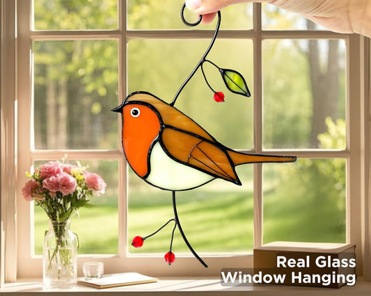 Robin Stained Glass Window Hanging - Handmade Real Glass Robins Suncatcher - Gifts for Women, Mom, Grandma, Mother - Elegant Gifts Box Bird Sculpture Home Decor (H7.5xW5.1 Inch)