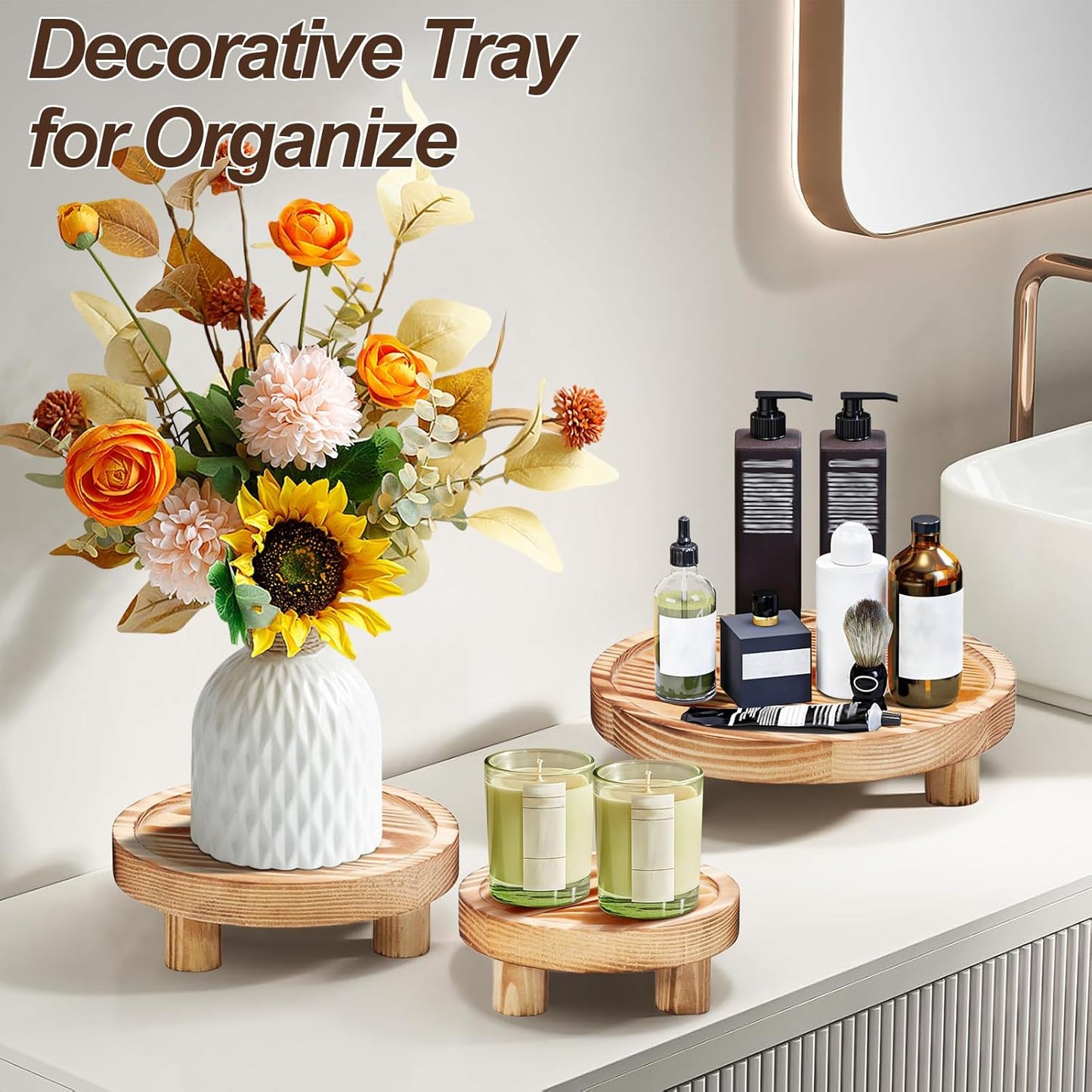 3 Pcs Wooden Risers for Display, Round Wood Riser Plant Stand 5/6/8" Pedestal Stand, Flower Pot Holder Small Planter Tray for Kitchen Home Décor (Light Brown)