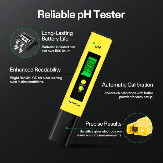 VIVOSUN Digital pH and TDS Meter Kits, 0.01pH High Accuracy Pen Type pH Meter Β± 2% Readout Accuracy 3-in-1 TDS EC Temperature Meter for Hydroponics, Pool and Aquarium, Yellow Blue, UL Certified
