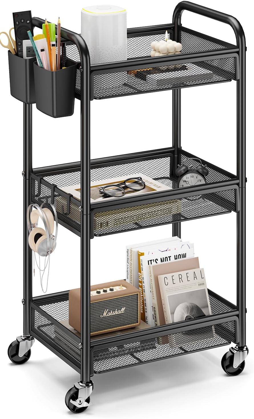 YASONIC 3 Tier Rolling Cart – Metal Utility Storage Carts with Wheels, Craft Cart Organizer with Hanging Cups, Hooks, Mesh Basket for Bedside Kitchen Office Art, Black