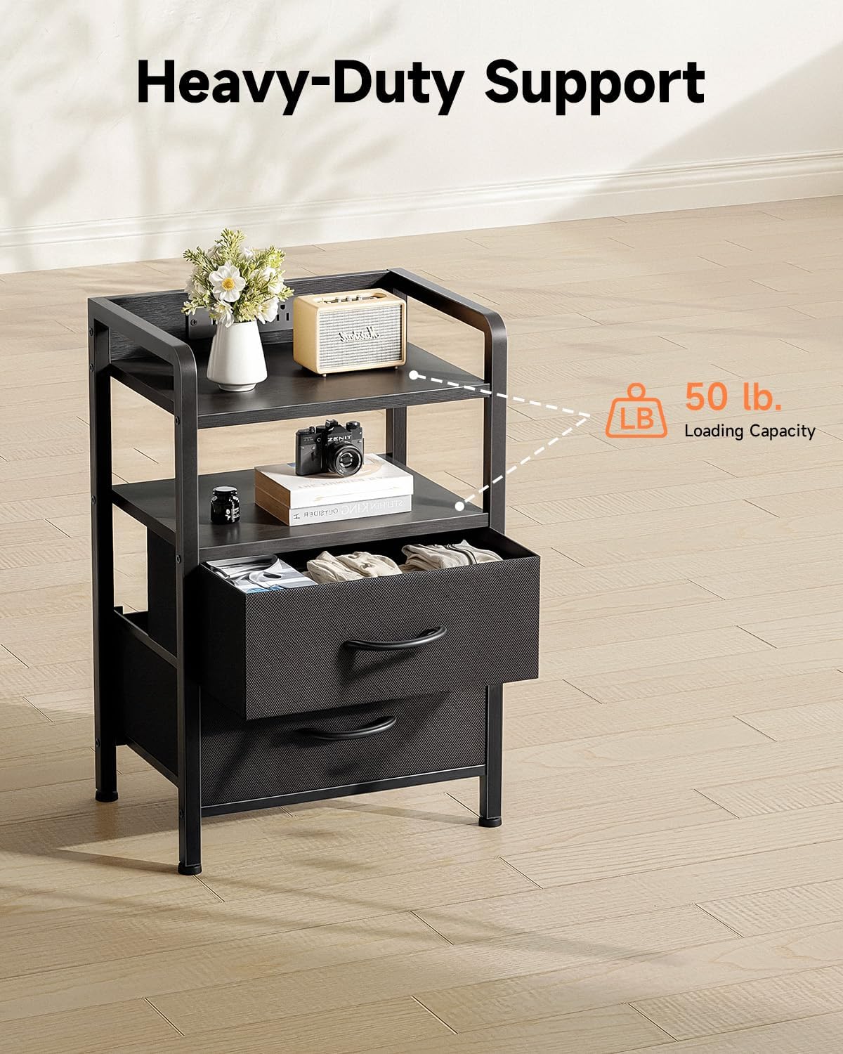 Night Stand Bedside Charger Bedroom - Nightstand with Charging Station & LED Light Strip, Night Stand with Storage Shelf & 2 Fabric Drawers, Morden End Table with U-S-B Ports & AC Outlets