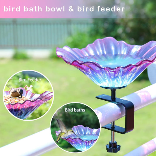 MUMTOP Deck Mounted Bird Baths for Outdoors, Glass Bird Baths Bowl wit