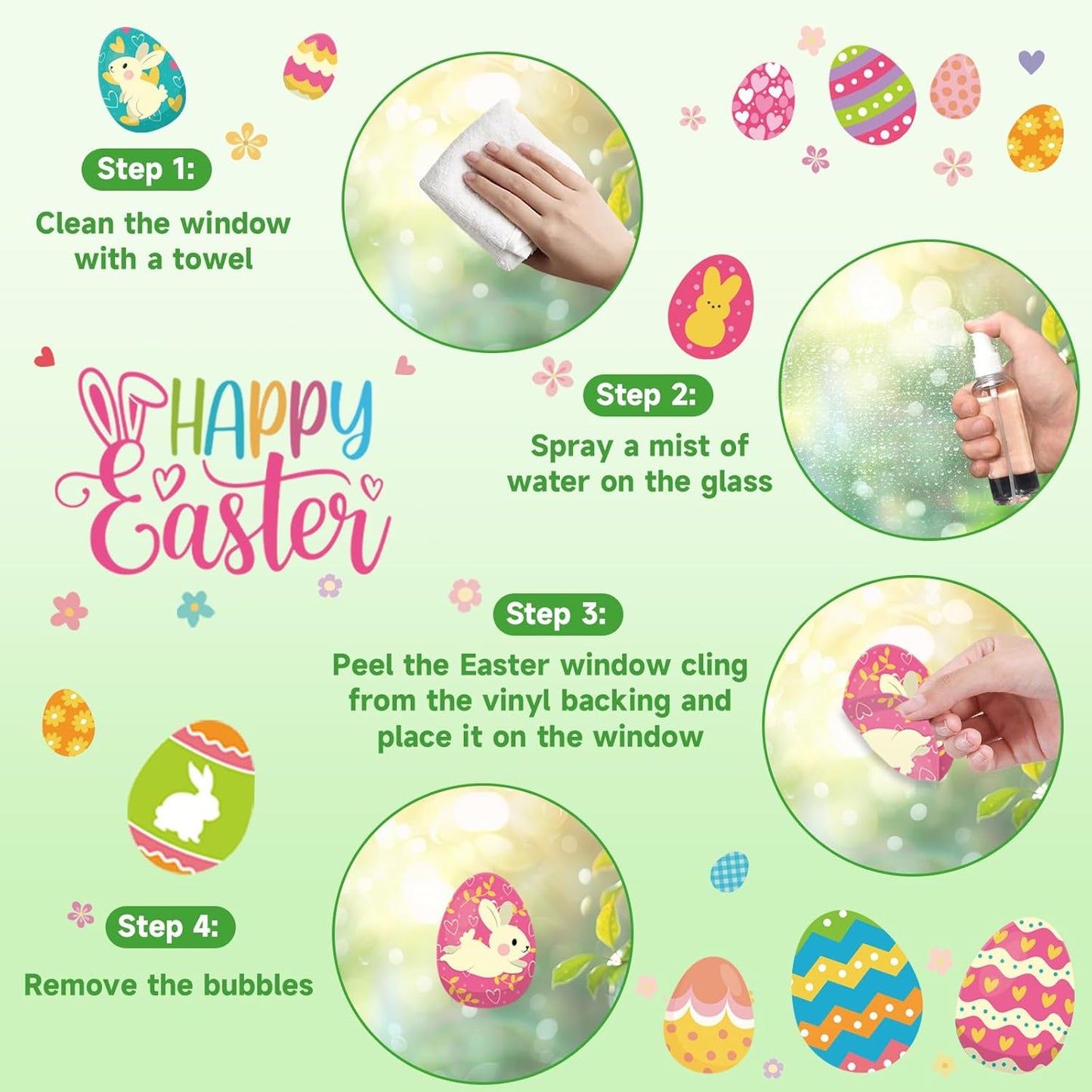 9 Sheets Easter Window Clings Decorations, Happy Easter Eggs Window Stickers for Home, Office, School, Bunny Rabbit Spring Decals Decor for Glass Doors