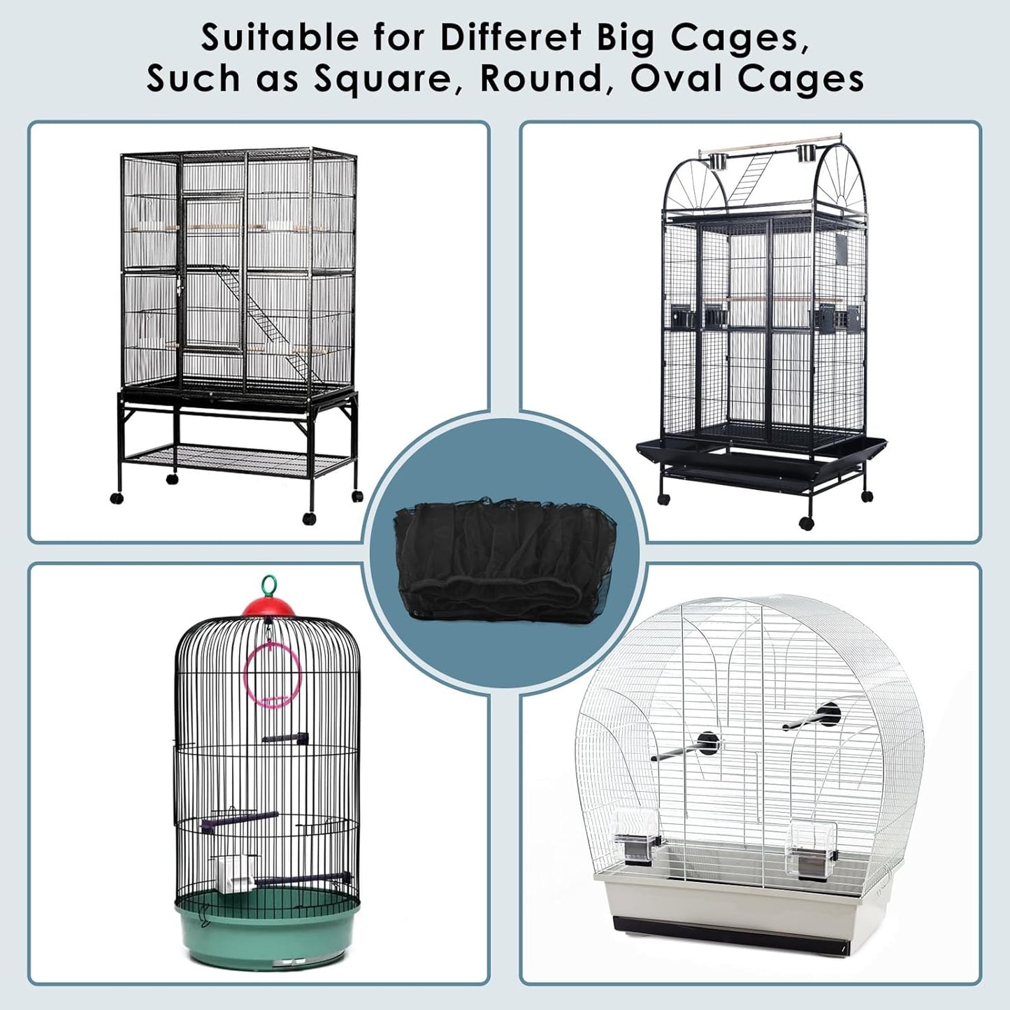 Bissap Bird Cage Seed Catcher, 90-118‘’ Universal Birdcage Net Nylon 31.8'' H Adjustable Elastic Band Stretchy Skirts Mesh Cover for Parrot Cage Seed Guard (Not Include Birdcage)- Black