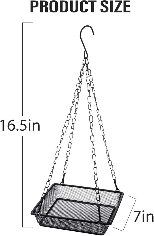 2 Pieces Metal Hanging Bird Feeder Tray, Mesh Bird Feeding Seed Tray Platform with Chains Outdoor Garden Decoration for Hanging Wild Backyard(Black)