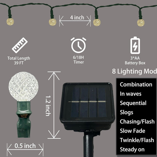 Anycosy Christmas String Lights G3, 100 LEDs Globe Solar Operated Strings Lights Warm White 8 Modes & Timer for Xmas Tree Garden Patio Outdoor Christmas Decorations (G3-100LED-Solar-Warm White)