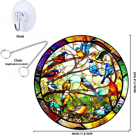 11.8'' Birds Acrylic Window Hangings, Stained Panel Colorful Indoor Outdoor Home Garden Ornaments (Bird Concert)