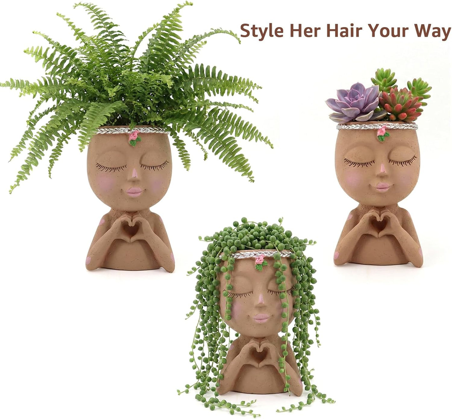 Face Planter Pot with Heart Hands, Resin Head Planter for Indoor Plant