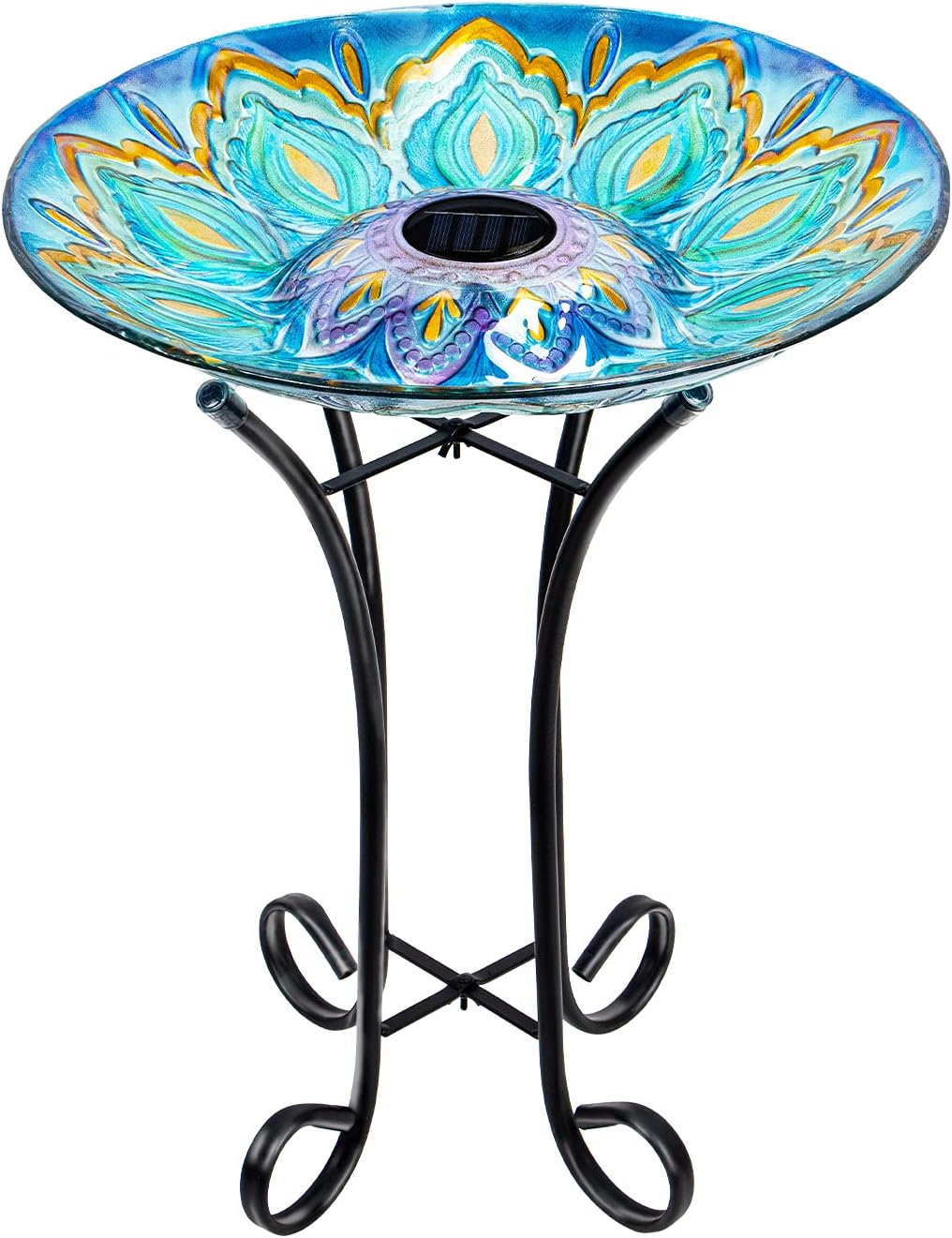 Glass Bird Bath Outdoor with Metal Stand for Lawn Yard Garden Decor Solar Large BirdBath Peacock Bird Feeder