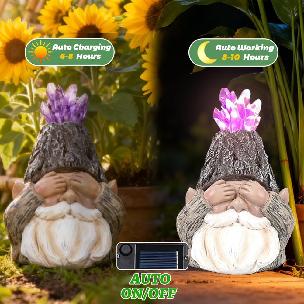 Solar Gnome Statue Decor with LED Solar Light, Handcrafted Resin Garden Amethyst Crystal Gnome Lamp Figurine for Yard Porch Home Decor for Gardeners & Garden Aesthetic Lovers