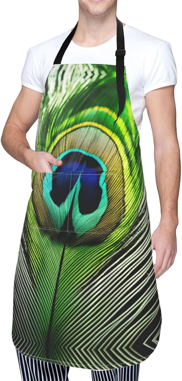 Green Peacock Feather print Waterproof chef's apron with pocket apron for kitchen cooking baking barbecue and gardening