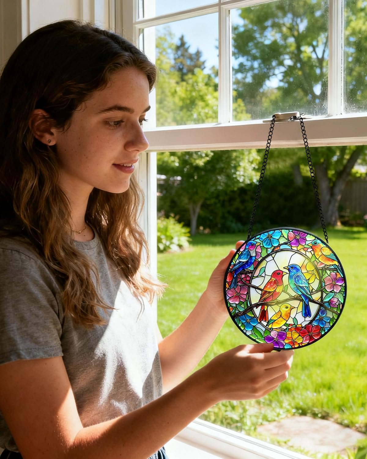 Stained Glass Window Hanging, Birds Sun Catchers Glass Panel, Suncatch
