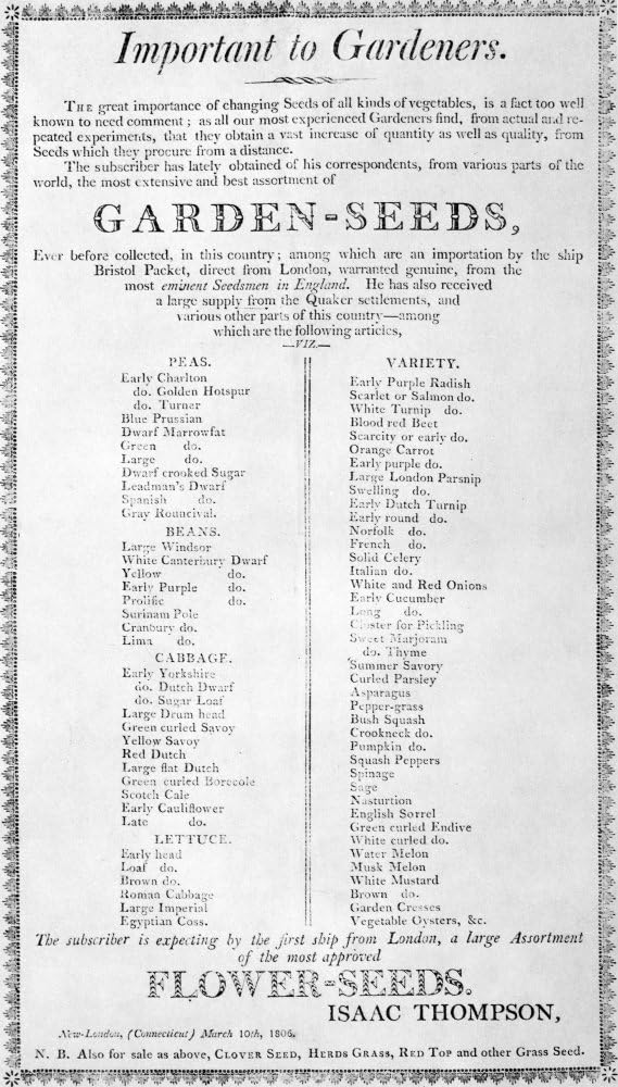Flower Seeds 1806 Nadvertisement For Garden Seeds Sold At Isaac Thomps