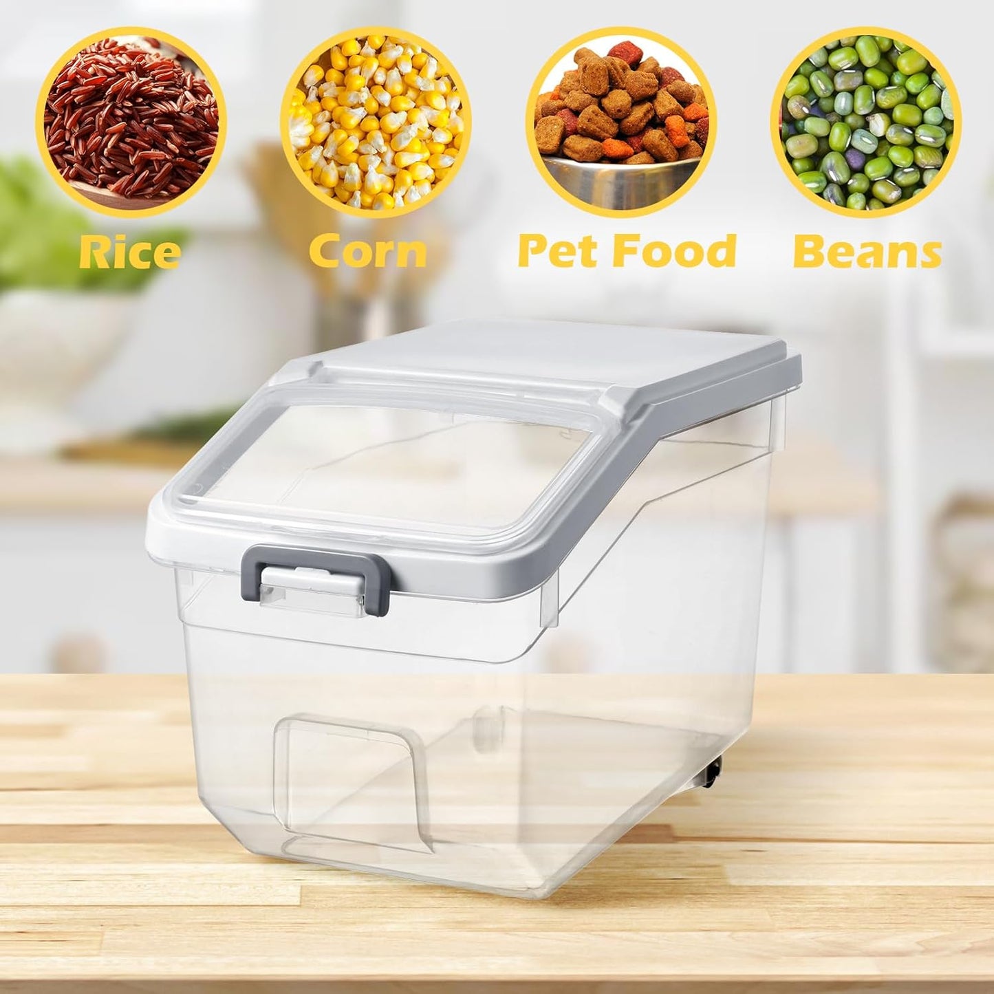 Sunnyray 4 Pcs Rice Storage Container 22 lb Airtight Flour Container with Wheels Measuring Cup Clear Pet Food Cube Dog Cat Birds Food Bin Grain Cereal Organizer Box for Dry Baking Supplies(White Lid)