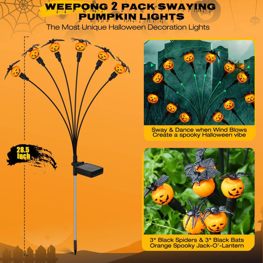 Halloween Decorations Outdoor 2 Pack Solar Lights, 12 LED Scary Pumpkin Swaying Firefly Lights with Spider & Bats for Outside Garden Yard Lawn Grave Cemetery Ghost Decor Party, Orange