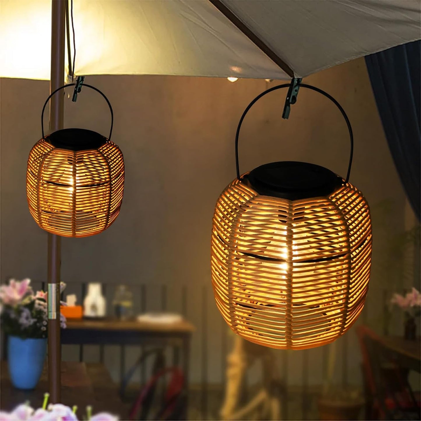 Hanging Solar Lanterns Outdoor Waterproof, 2 Pack Rattan Outdoor Lanterns, Outdoor Solar Hanging Lights, Lantern Lamp Decorations for Outside Yard Garden Pathway Porch Indoor Table Rattan Decor
