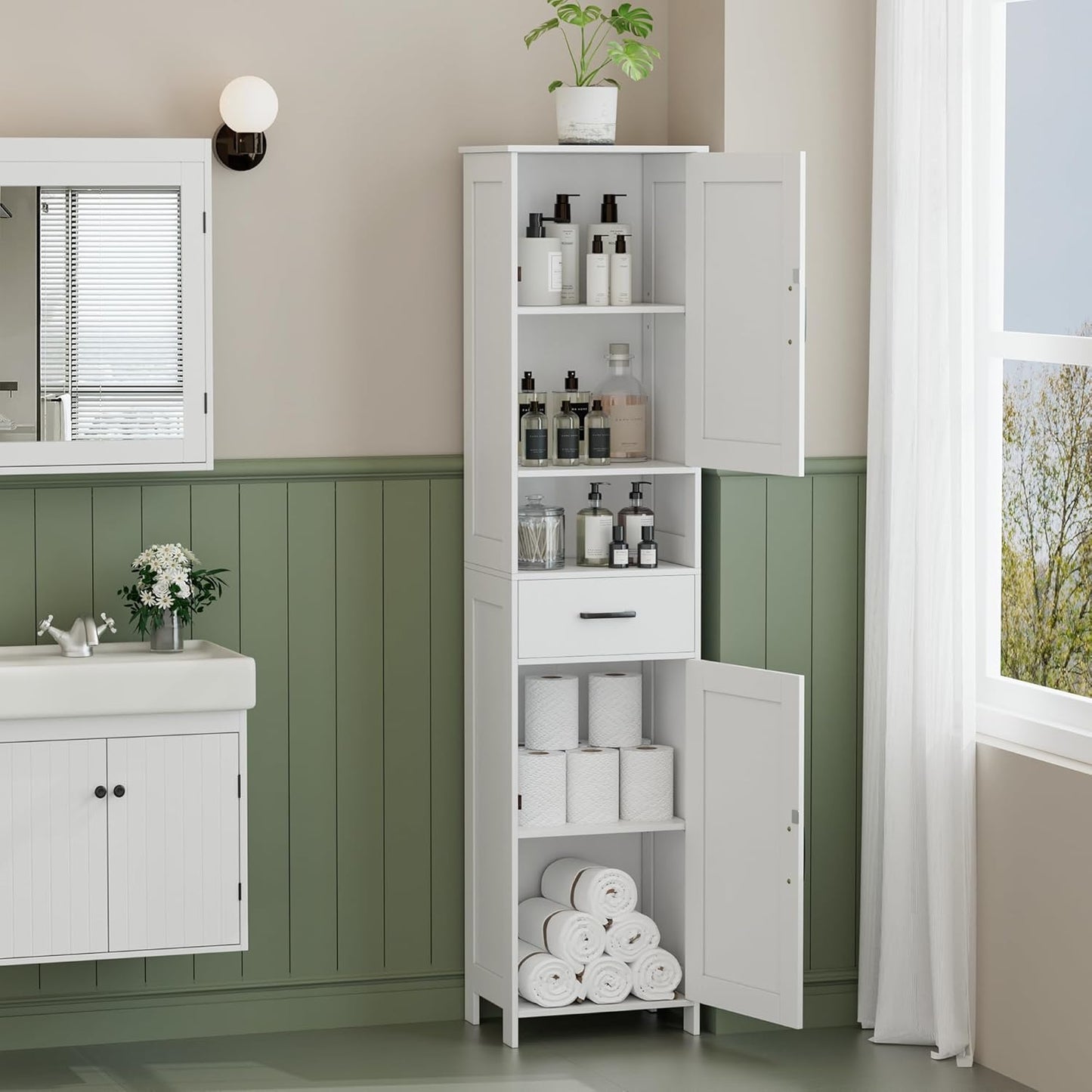 Homhedy 67" H Tall Bathroom Storage Cabinet with 2 Barn Doors and 1 Dr