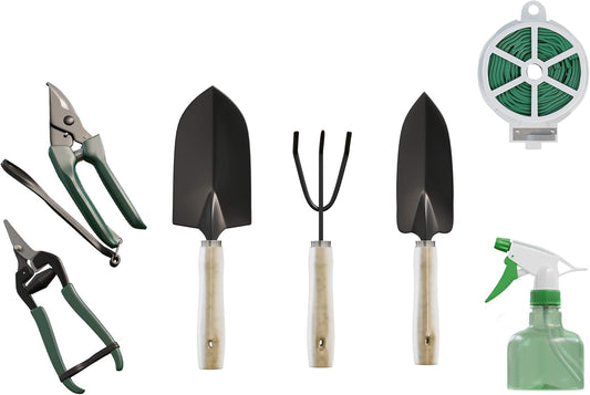 8-Piece Garden Hand Tool Set - Canvas Tote Gardening Tool Kit with Snip, Pruner, Rake, Trowel, Shovel, Spray Bottle, and Soft Wire Tie by Pure Garden