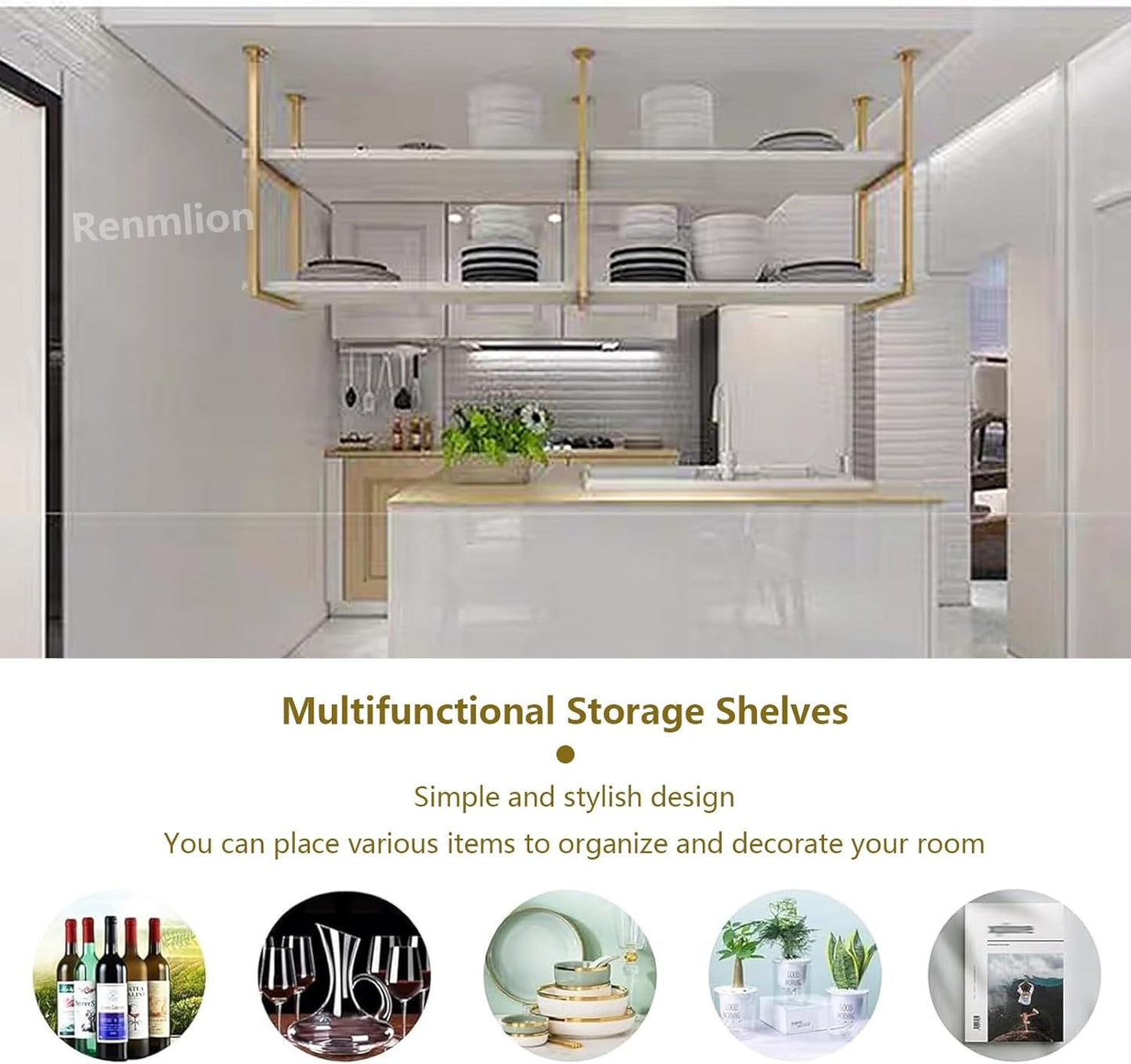 Ceiling Hanging Shelves, Gold 2 Tiers Shelf Floating Kitchen Pot Pan S