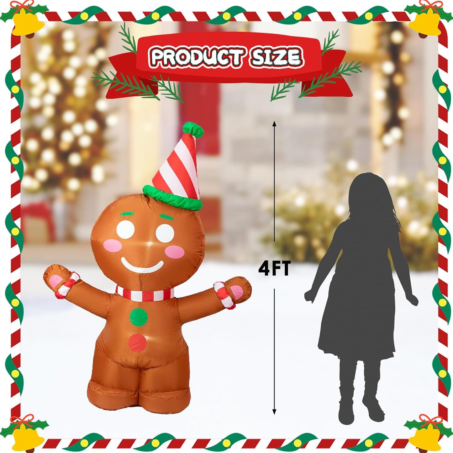 4FT Christmas Inflatables Outdoor Decorations, Gingerbread Man Blow Up