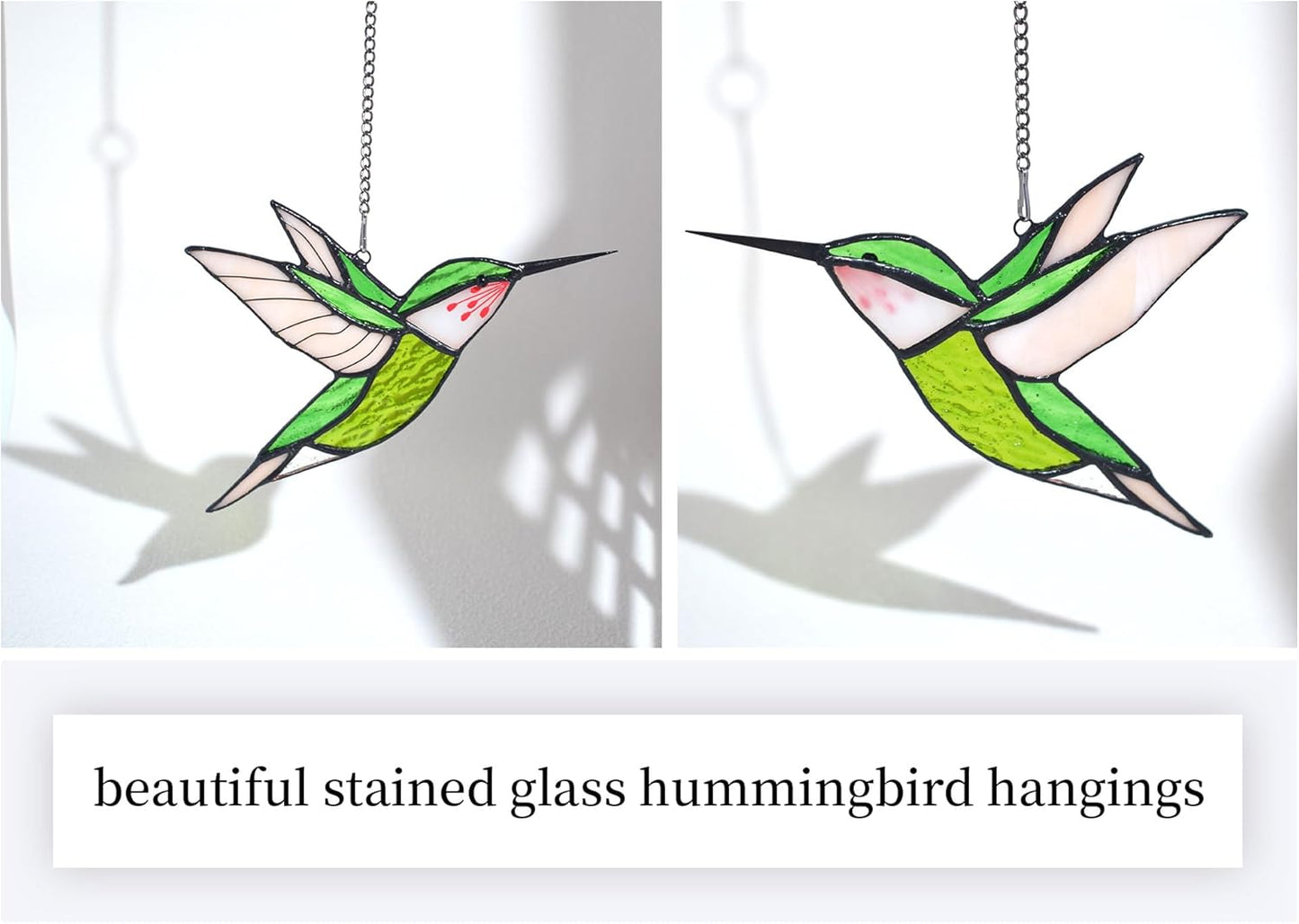 Lolitarcrafts Hummingbird Stained Glass Window Hangings Bird Stained Glass Suncatchers Hummingbird Gifts for Mom,Bird Lovers (Green)
