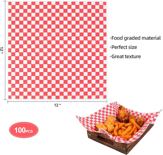 100pcs Deli Paper Sheets 12x12", Premium Food Basket Liners, Grease Resistant Wax Paper Sheets for Food, Classic Checkered Sandwich Wrapping Paper for Party, Festival and Outdoors, JIRNGLA