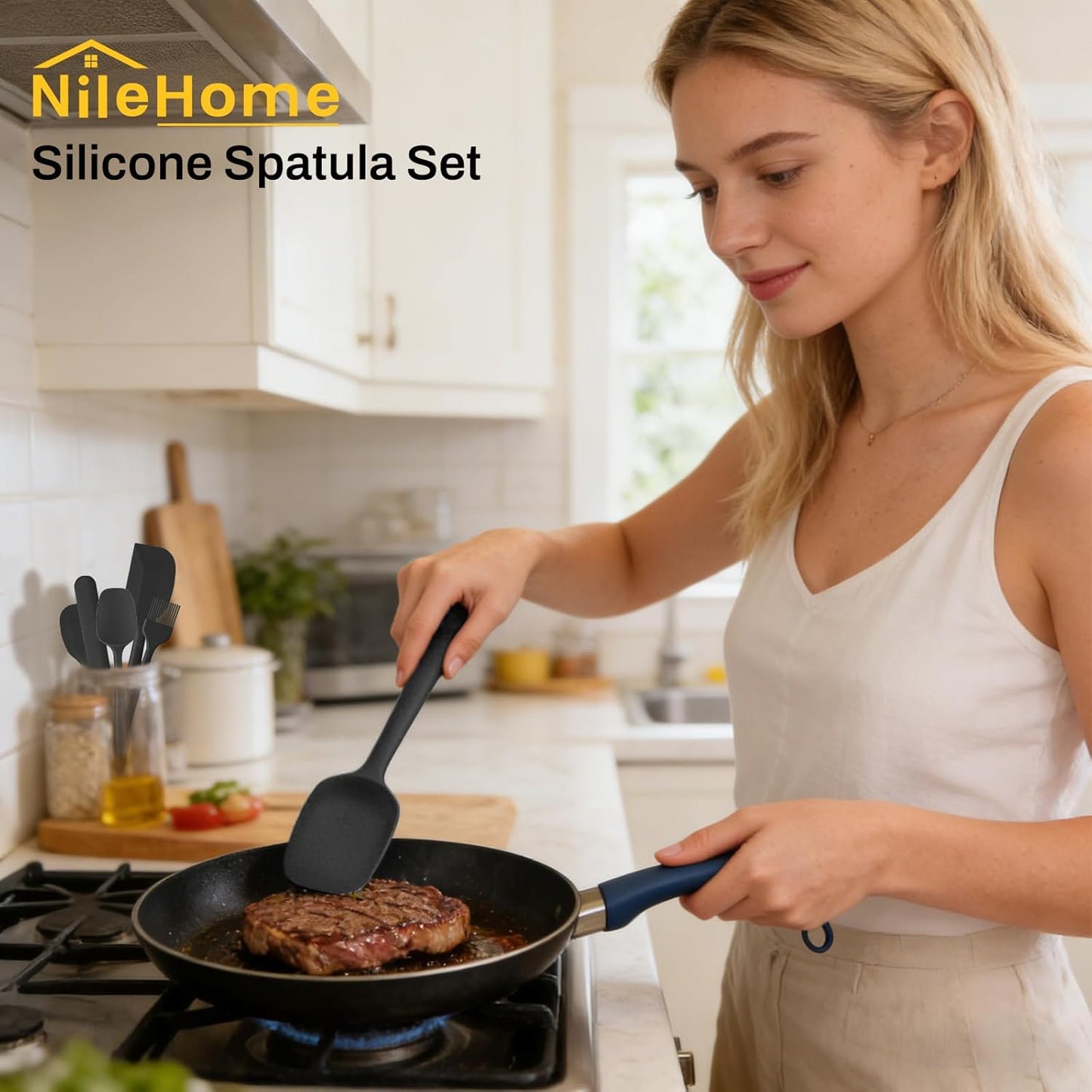 NileHome Silicone Spatula Set, 6 Pieces Food Grade Kitchen Utensils with Silicone Brush Heat Resistant BPA-free Rubber Spatula for Scraping, Baking, Cooking, Mixing