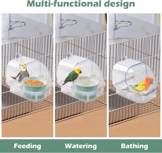 Bird Cage Feeder with Ceramic Bowl,2 in 1 No Mess Bird Feeder and Transparent Parakeet Bathtub with Bottom Drawer Hanging Tube Shower Box for Birds Budgies Parakeet Small Parrot Cockatiels