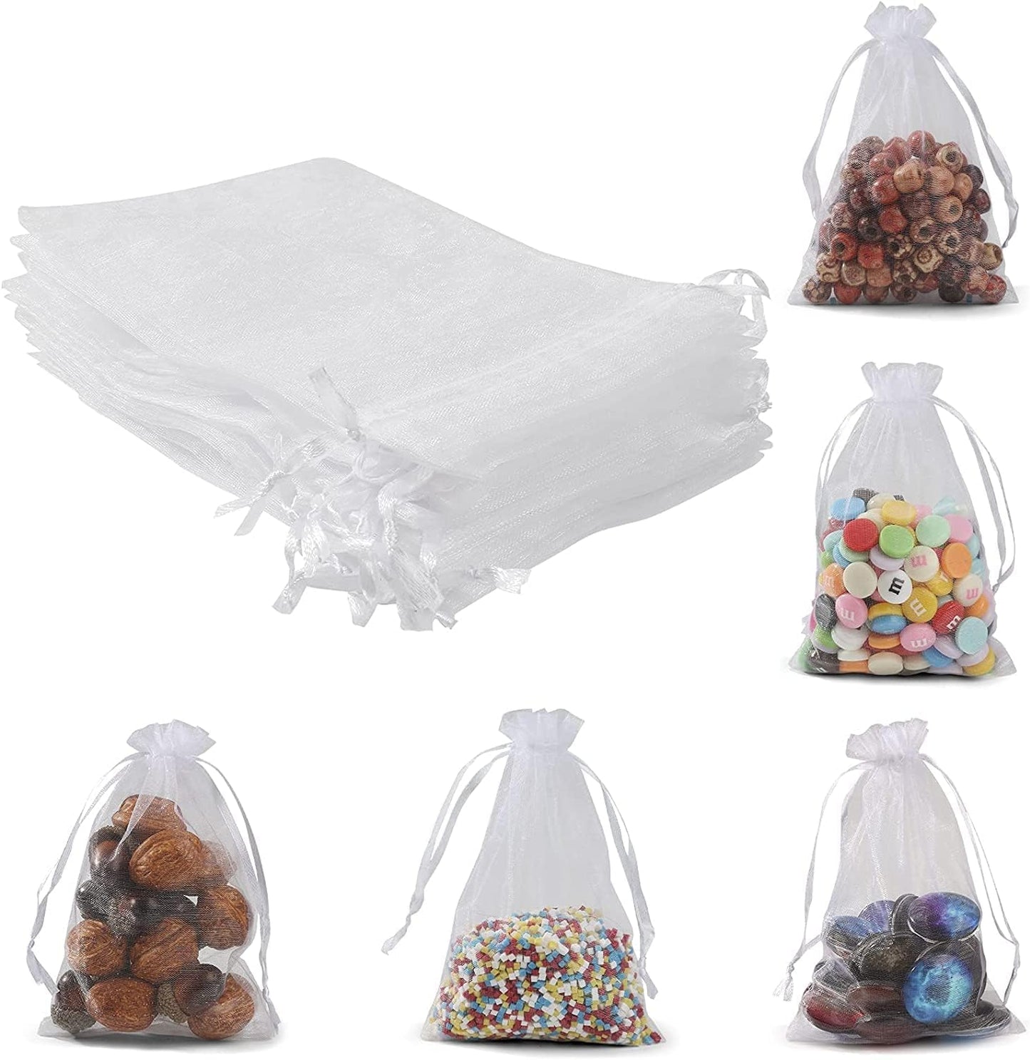 ANZNKU 50 Pack White Organza Bags 5 x 7 in, Small Mesh Gift Bags Bulk Drawstring for Wedding Favors, Gift Wrap Bag for Candy Jewelry Soap Makeup, Cute Goodie Bag Sachet for Party Favor & Easter Gifts