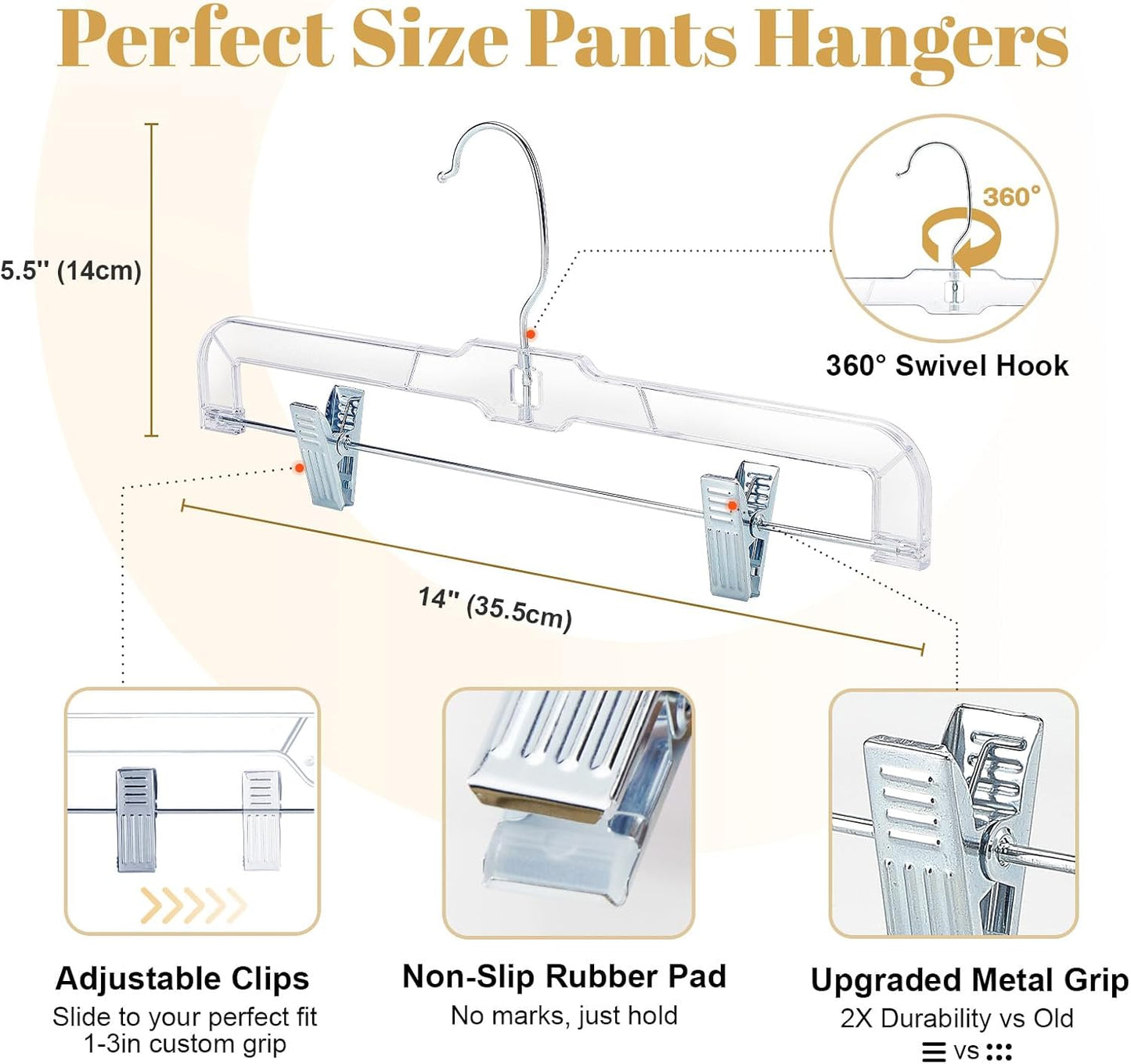 HOUSE DAY 12 Pack 14 inch Clear Plastic Skirt Hangers with Adjustable Clips, Pants Hangers 360-Rotating Swivel Hook, Clip Hangers for Pants, Trousers, Skirts, Jeans, Bulk Plastic Hangers