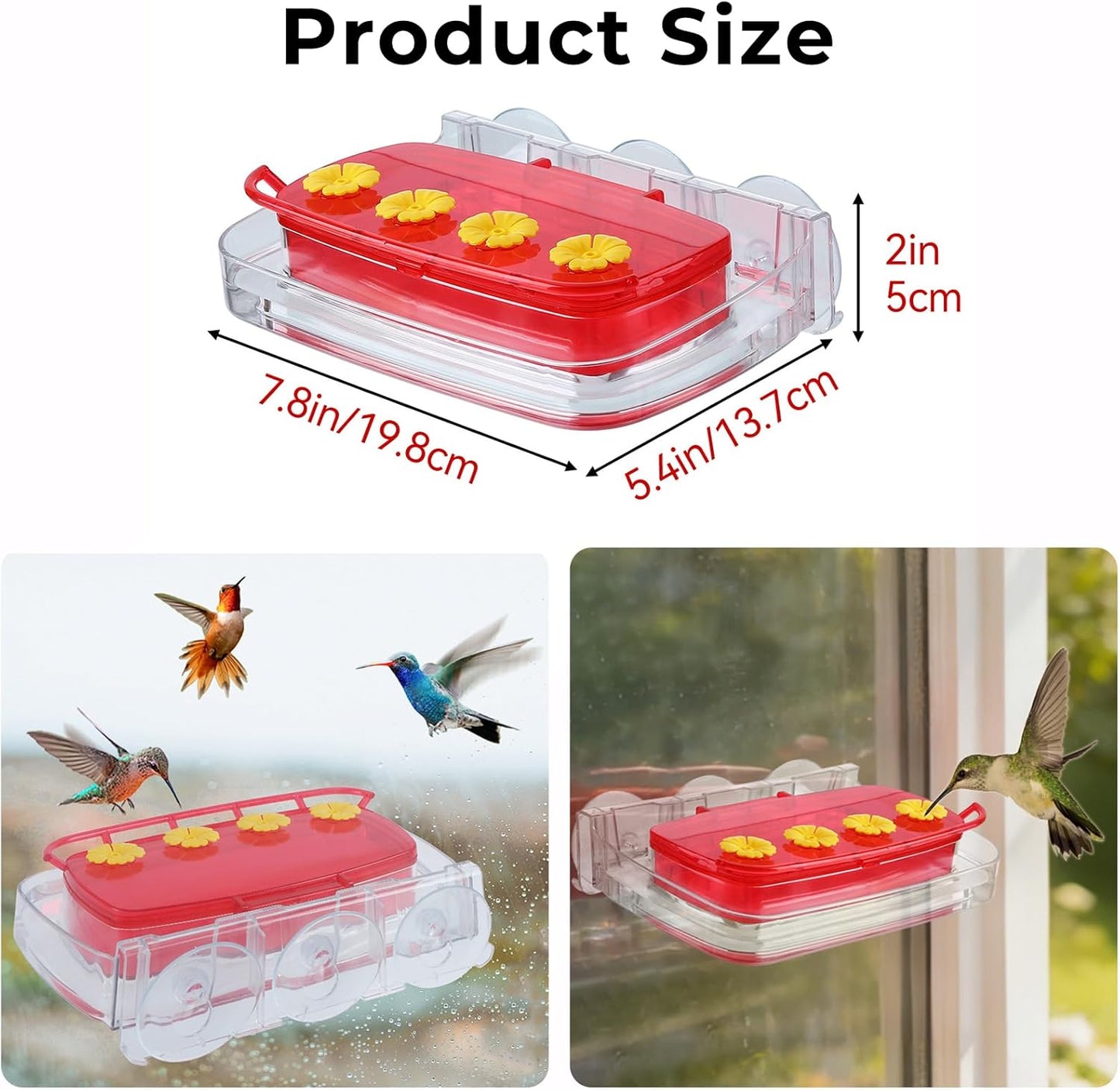 2 Pack Window Hummingbird Feeder,Strong Suction Cup Hummingbird Feeder with 4 Feeding Ports,Built-in Moat,Easy to Clean and Refill Plastic Humming Bird Feeder,Gift for Bird Lovers(10oz, 2 Red)