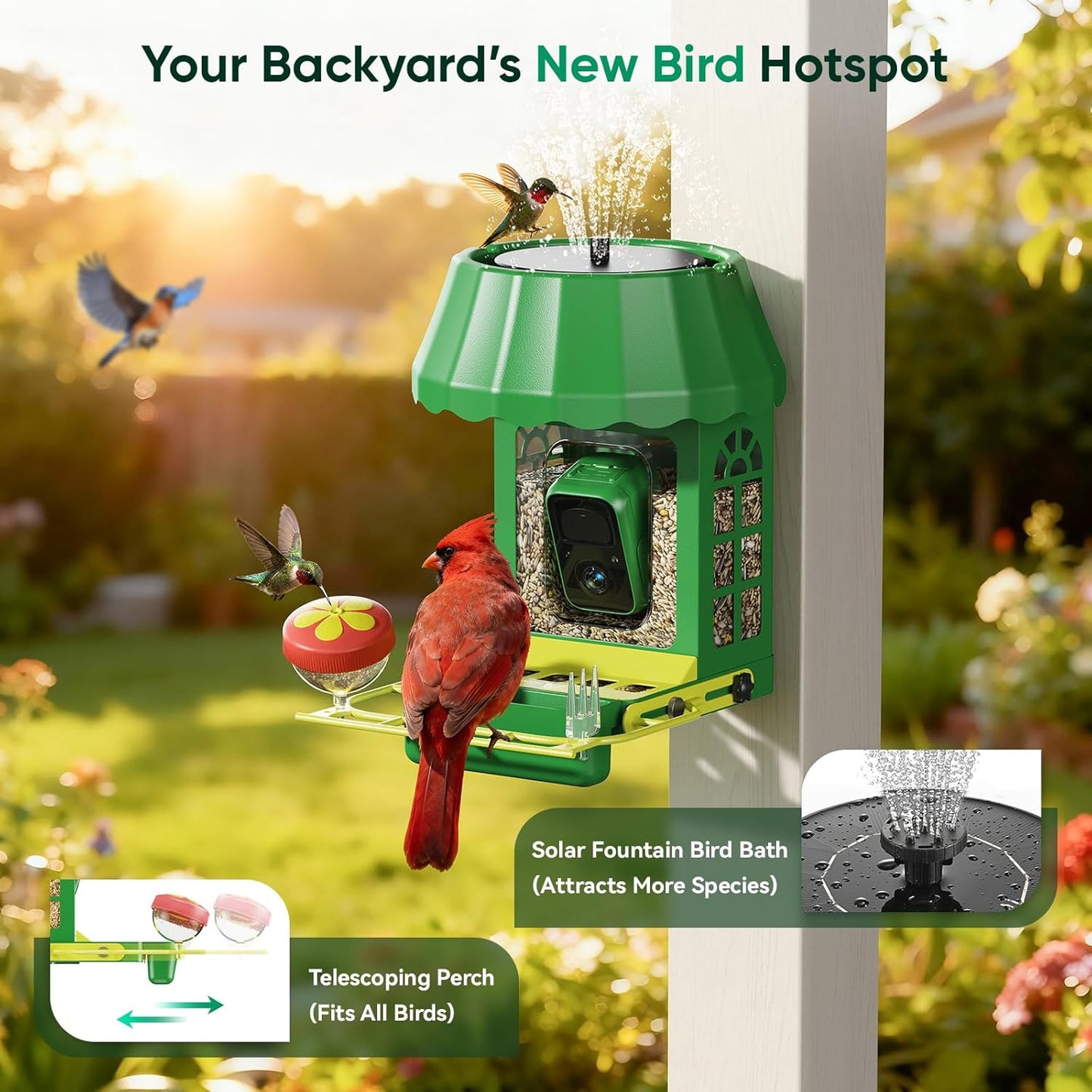 Avinory Smart Bird Feeder with Camera 2.5K HD, Solar Powered AI Bird Identifier 10000+ Species, 32GB Card, Wireless,with Night Vision,Metal Squirrel Proof for Outdoor Birds Watching Gift