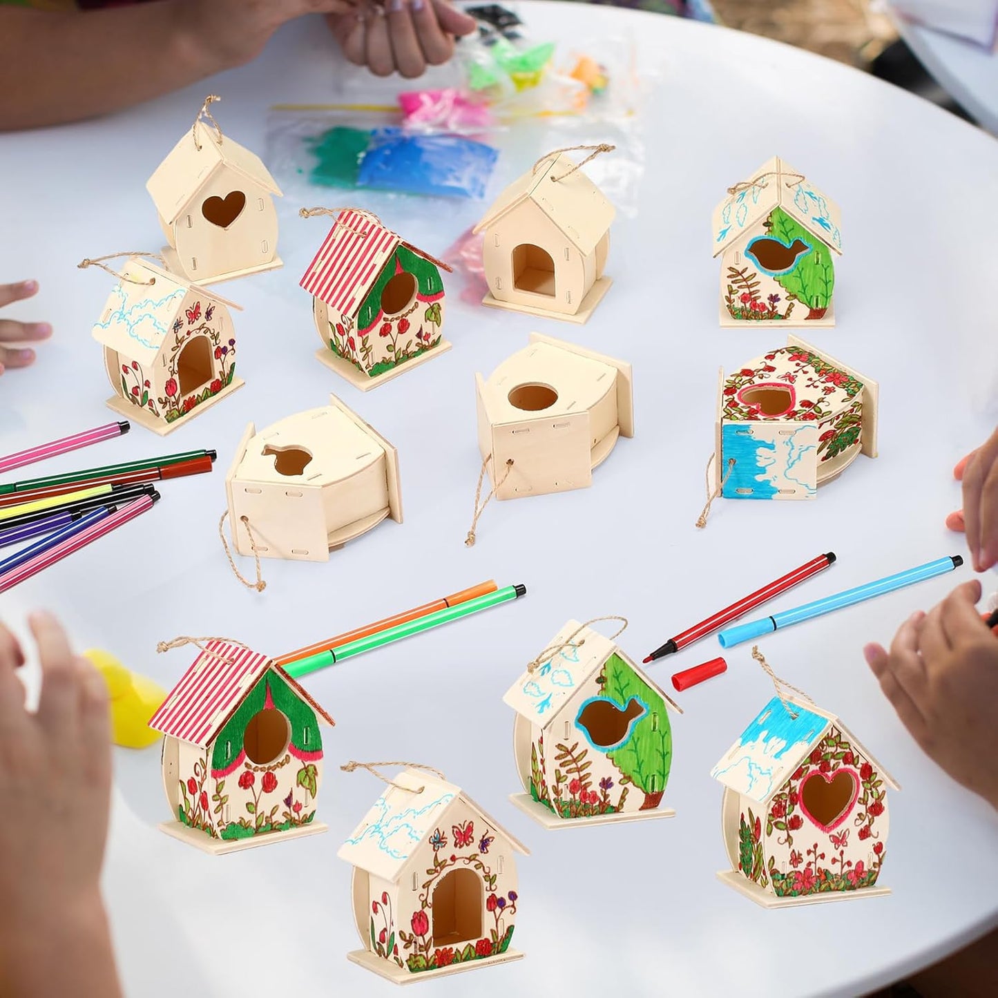 Outus 12 Pcs Wooden Birdhouse Craft Kits to Build, 4 Shapes Wooden Unfinished Bird House with Butterfly Sticker for and Arts Crafts Bulk Painting Kits(Lovely Style,3.6×4 Inch)