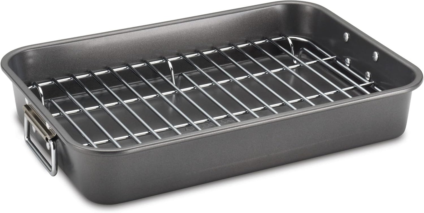 Farberware Bakeware Nonstick Steel Roaster with Flat Rack, 11-Inch x 1