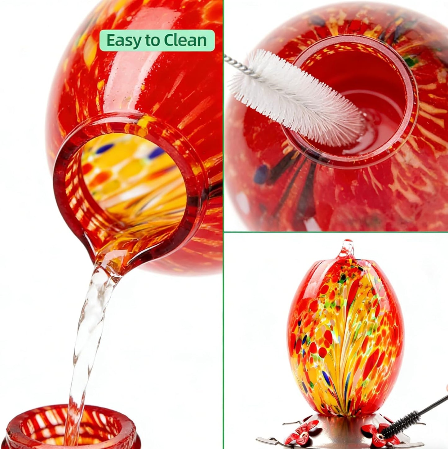 8.27" Hand Blown Glass Hummingbird Feeders for Outdoors - Red Phoenix Humming Bird Feeder with Ant Moat & 4 Metal Perches - Unique Garden Decor Gifts for Mom, Women, Bird Lovers