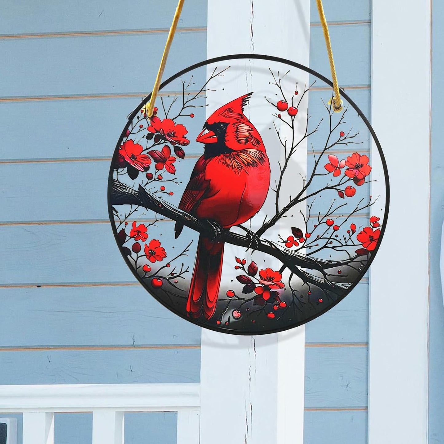 Red Cardinal Garden Suncatchers Outdoor, Cardinal on Branch Stained Glass Window Hanging for Kitchen Living Room, Birds Window Decor Birthday Gift for Mom Grandma 7.9"/20cm