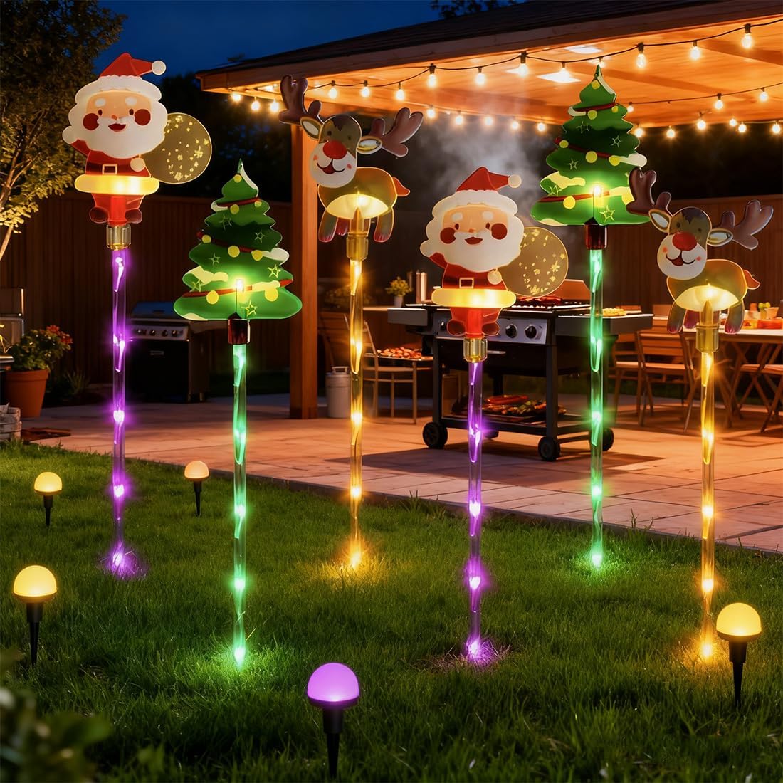 Moving Christmas Lights, 6 Pack of Moving Christmas Solar Lights, Waterproof LED Colorful Stakes Outdoor, Moving Christmas Tree & Reindeer Decorations for Yard, Garden, Courtyard, and Path (A-Style)