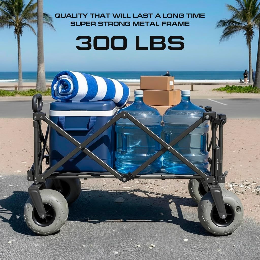 Beach Wagon Cart with Big Wheels for Sand - Heavy Duty Collapsible Fol