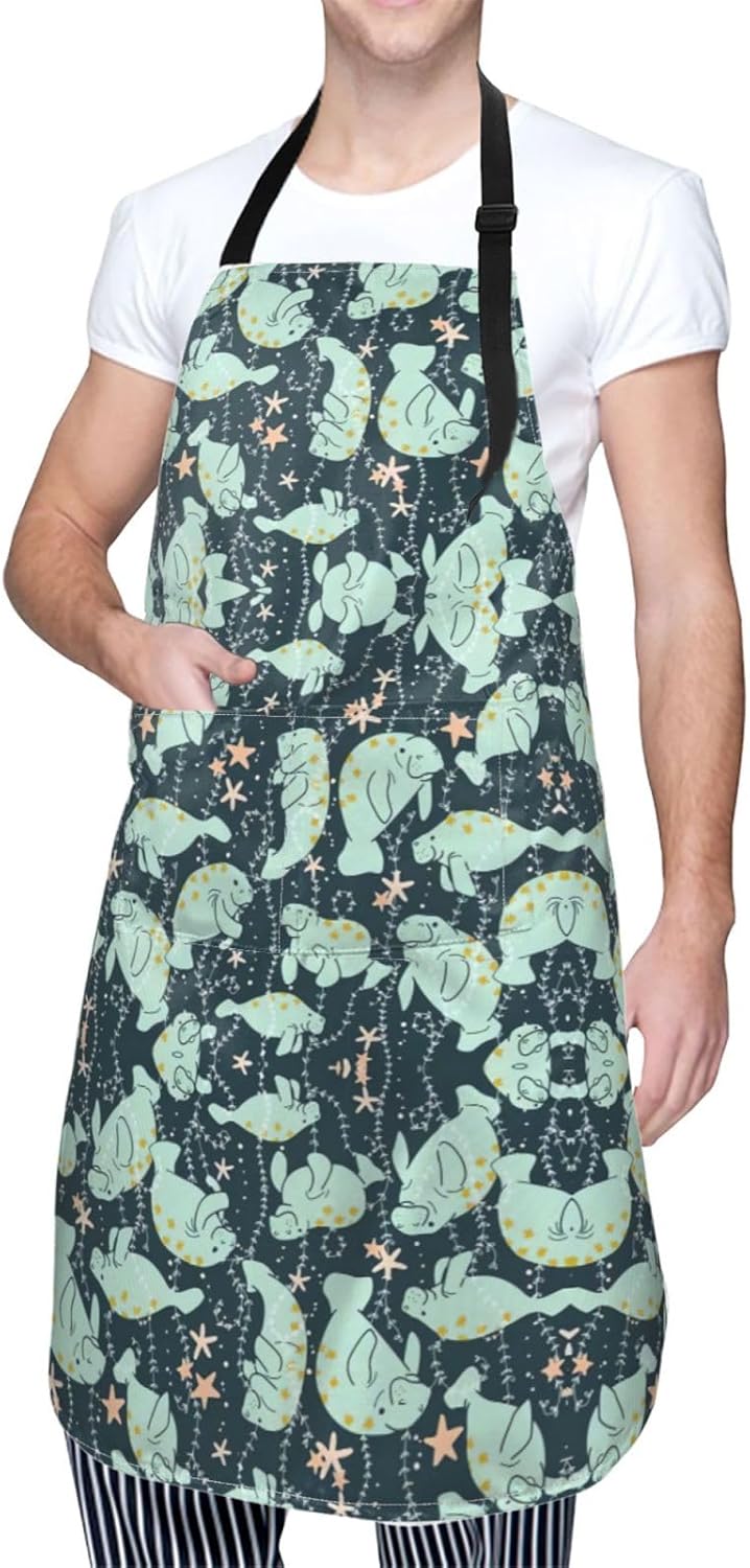 Manatee Animals Calf print Waterproof apron with pocket adjustable cooking apron for adult kitchen bibs to bake