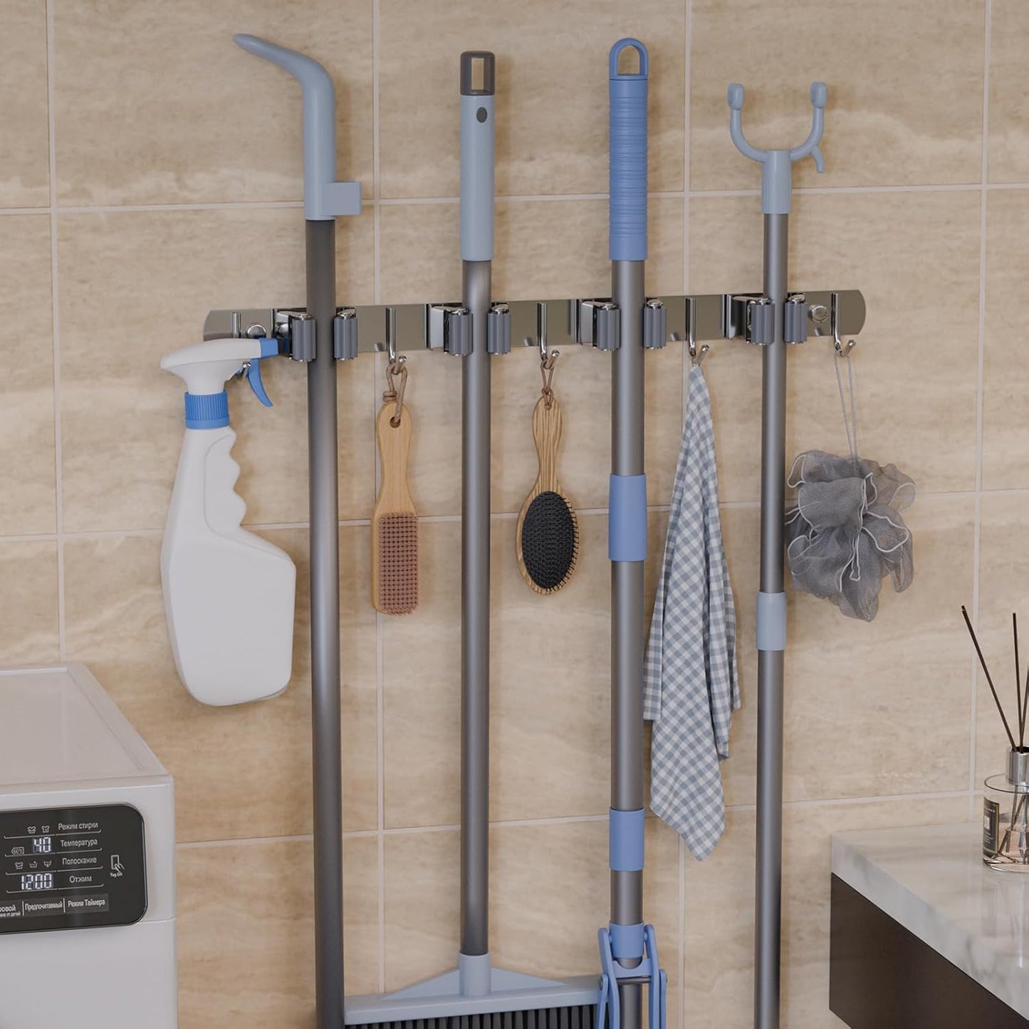 4 Racks 5 Hooks Mop and Broom Holder Wall Mount, Stainless Steel, Heavy Duty Hanger Tool Storage Organizer, Solid Non-slip, for Home, Kitchen, Garden, Laundry Room, Garage, Silver