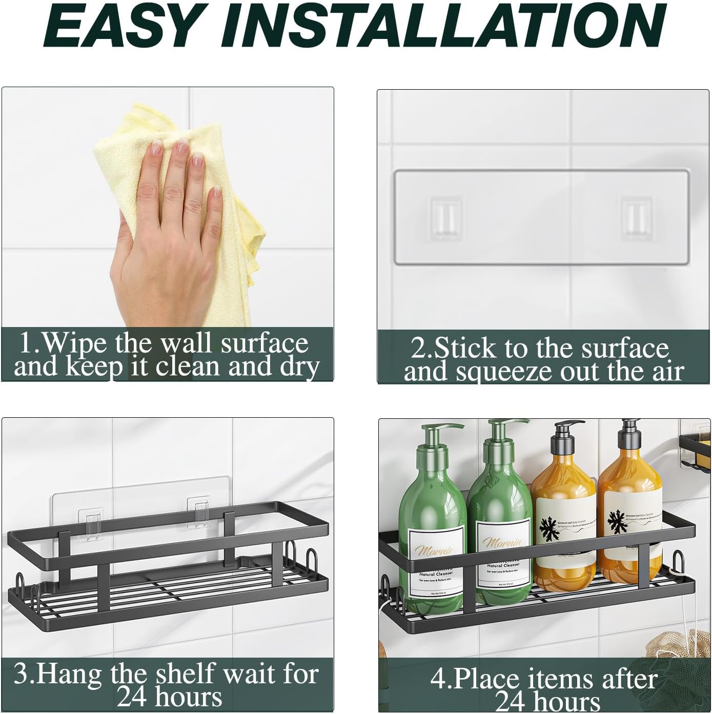Adhesive Shower Caddy,Shower Shelves with Soap Holder and 12 Hooks,Rustproof No Drilling Bathroom Organizer and Storage,Black,3 Pack