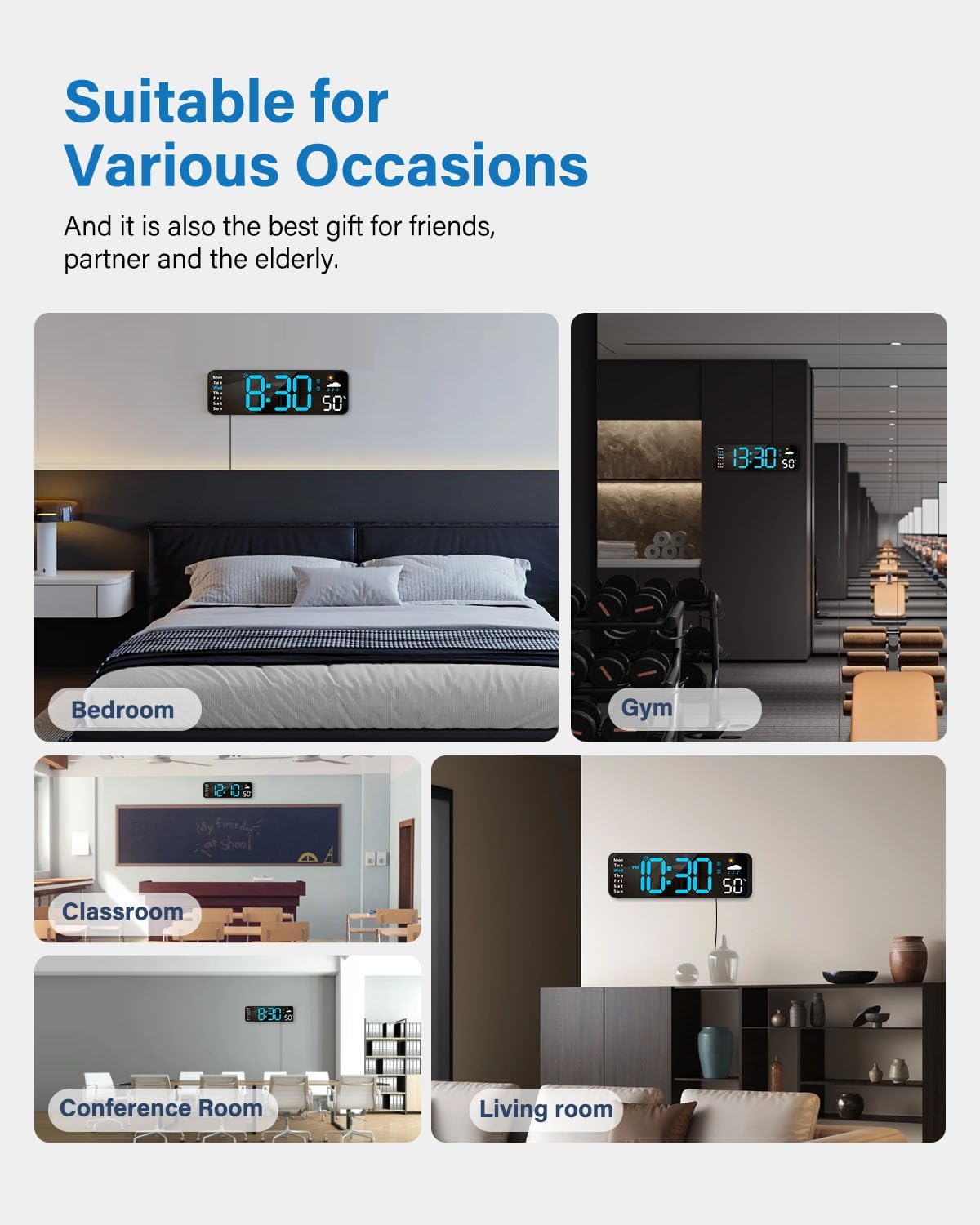 Digital Wall Clock, Digital Clock Large Display with Remote Control, Corded LED Alarm Clocks with Date, Week, Temp, Humidity, Auto DST, Countdown, for Living Room Bedroom Classroom Office (Blue)
