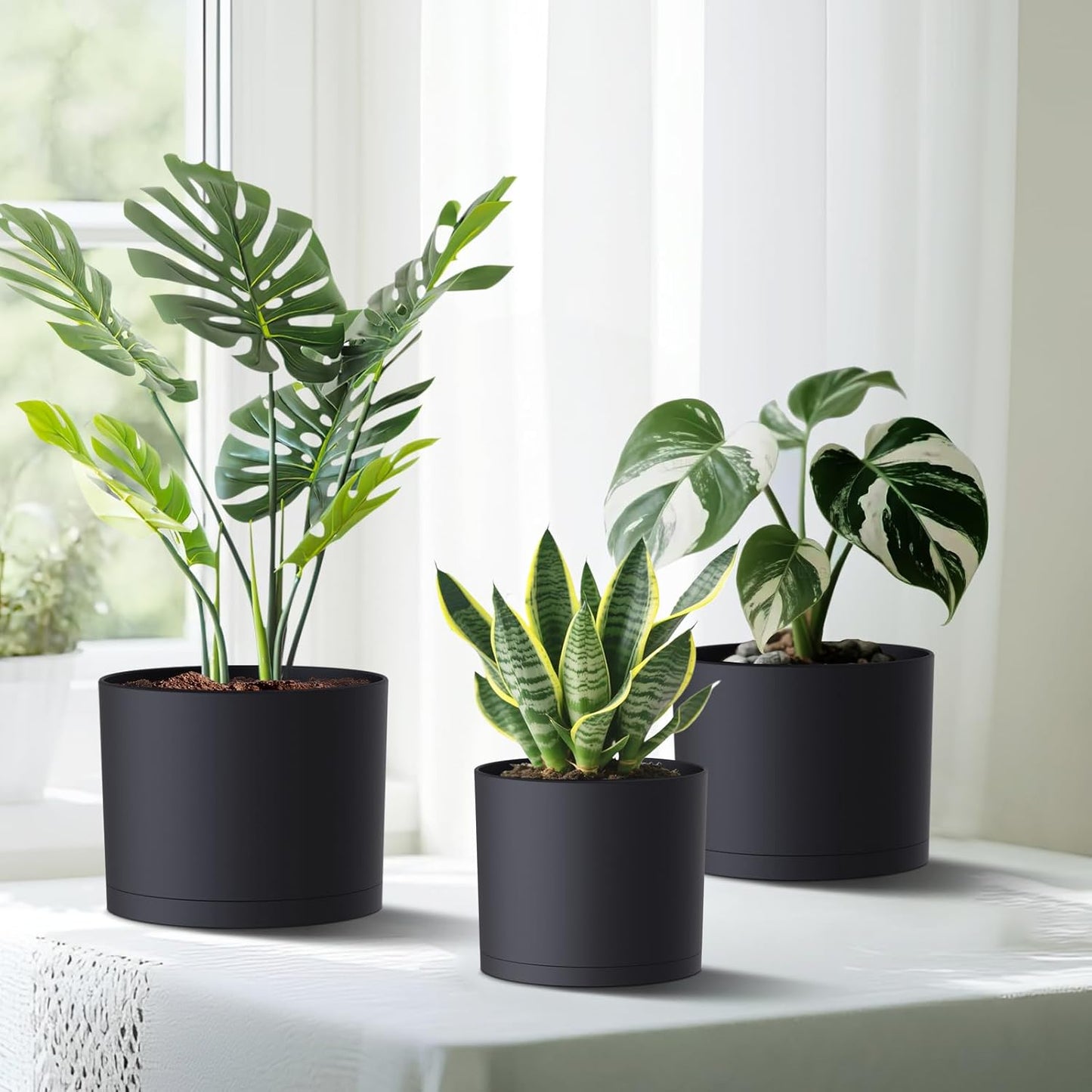 (3 Pack) 10 Inch Plant Pot with Drainage and Saucers, 10/9/8 Inch Plas