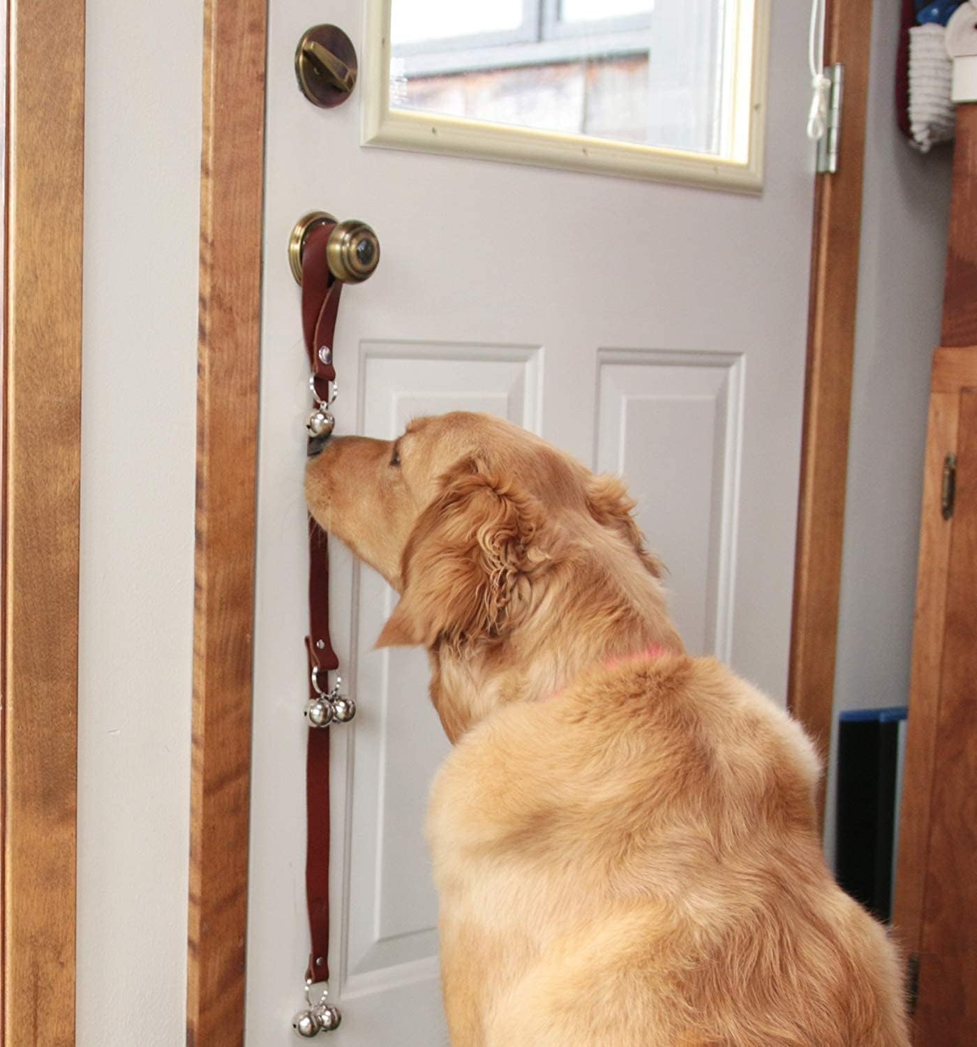 Leather Dog Doorbells for Door Knob, Adjustable Brass Potty Training B