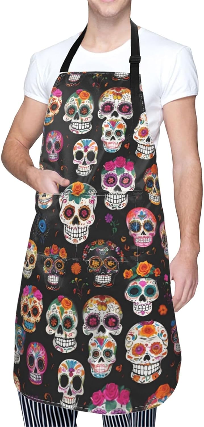 YANYU Skull Print 28x33 In Kitchen Apron Stylish Chef Apron with Pockets for Cooking Baking Painting