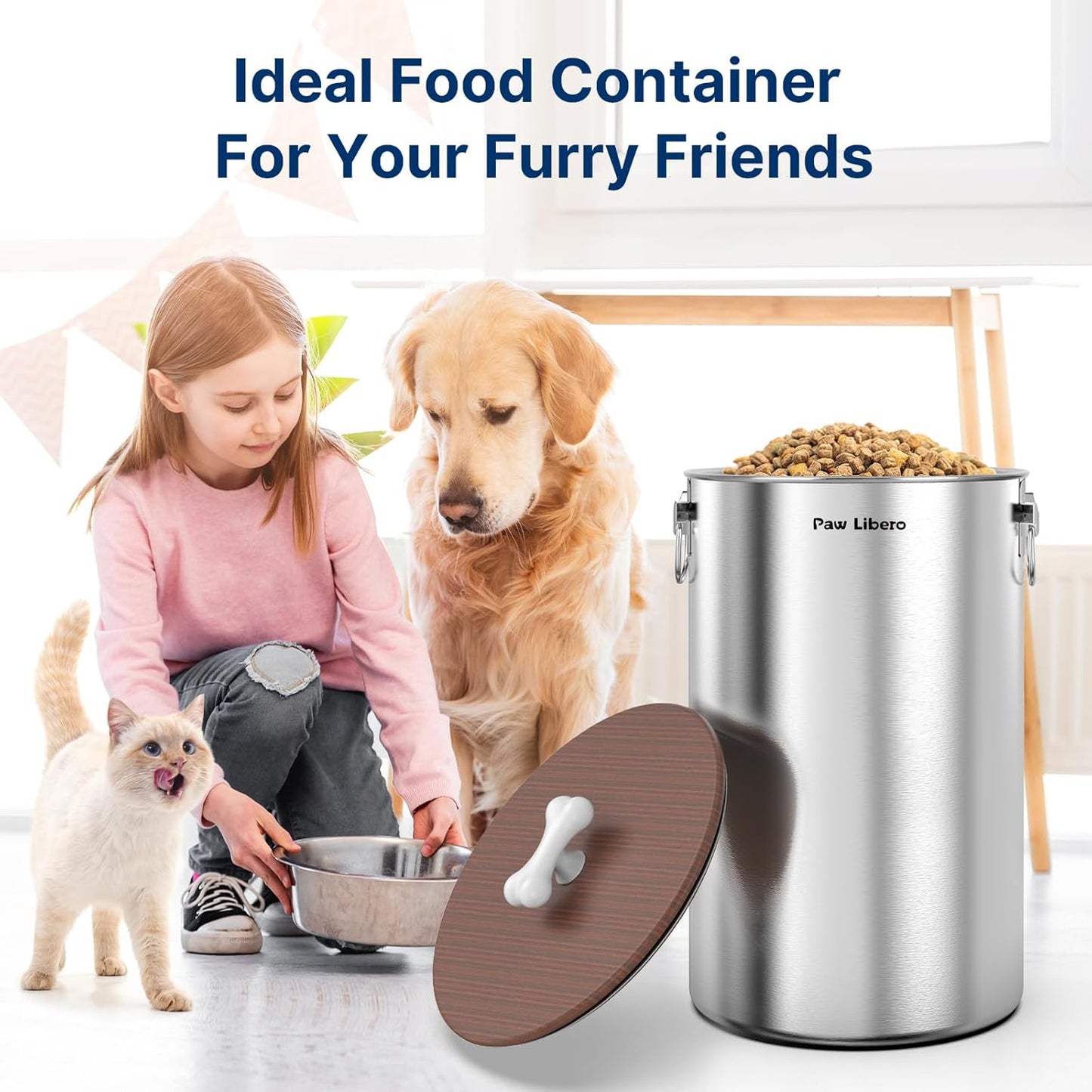 35 Lbs Stainless Steel Dog Food Storage Container with Airtight Wooden
