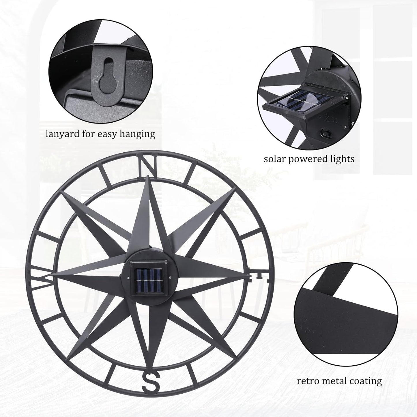 MUMTOP Metal Compass Wall Decor, 22 Inch Nautical Wall Sculpture with Solar Lights, Hanging Art for Farmhouse Indoor or Outdoor Sign